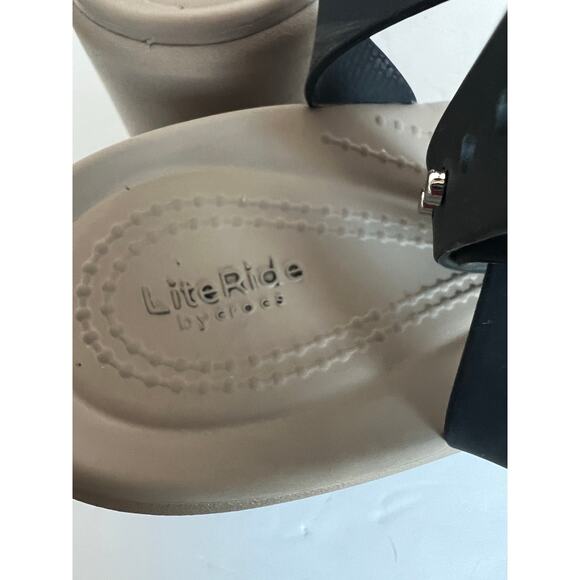 Crocs Brooklyn Black and Tan Criss Cross Ankle Strap Wedge Comfort Sandals Sz 10 - Picture 9 of 13